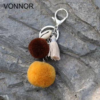 

VONNOR Fashion Women Jewelry Key chain Ring Shell Tassel Plush ball Pendant Key Chain Car Bohemian Keychain for Bag Accessories