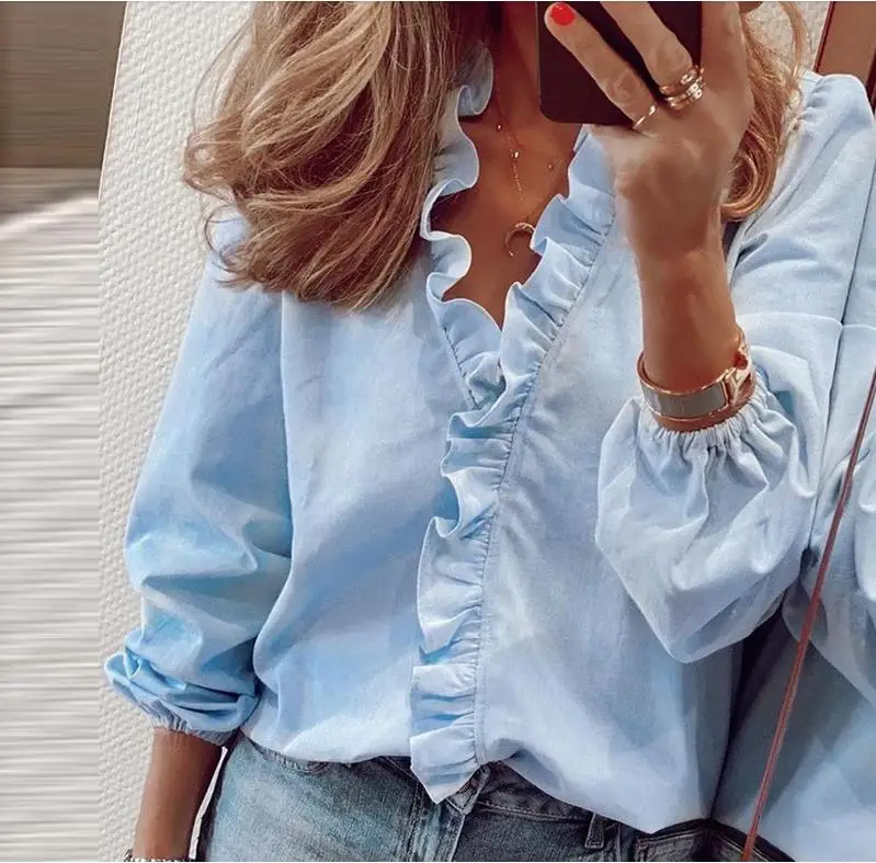 Blusa de oficina con manga larga para primavera y verano, camisa Sexy con volantes para mujer, cuello en V, 2020