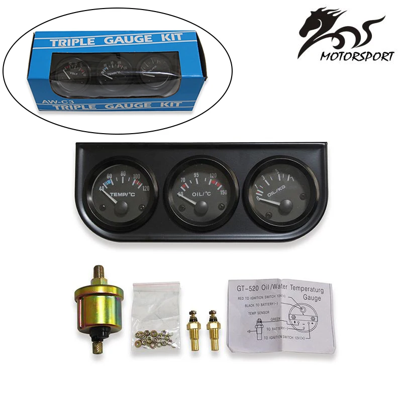 52mm Triple Kit Oil Temp Gauge Water Temp Gauge Temperature Oil Pressure Gauge Sensor 3in1 Car