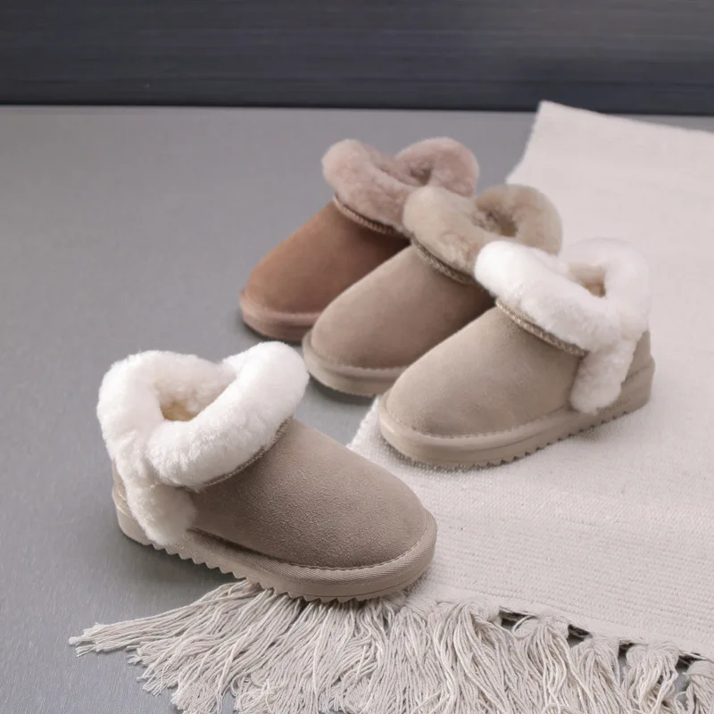 Kids Snow Boots Leather Winter Fur Shoes Girls Boots Low Top Children Boots Boys Botas Solid Color Warm Shoes Botte Enfant Fille