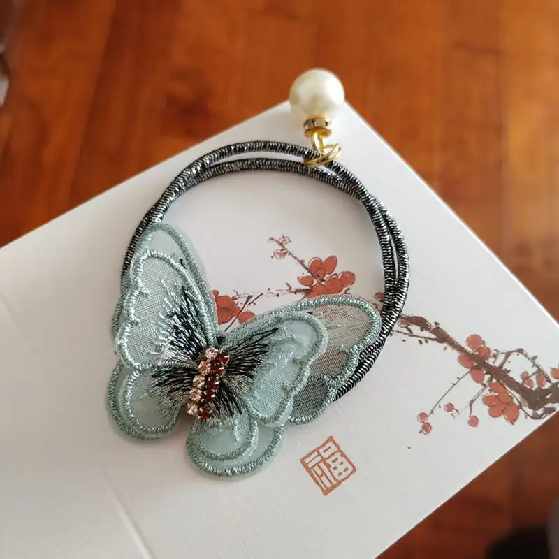 Hair Accessories For Women Girls Gem Embroidered Butterfly Double Bands Hair Ties With Pearls Hair Clips For Girls 1-3pcs - Цвет: 1pc-hair band green
