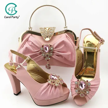 

Summer New Arrivals African Design Italian Women Shoes and Bag To Match High Quality with Shinning in Pink Crystal For Wedding