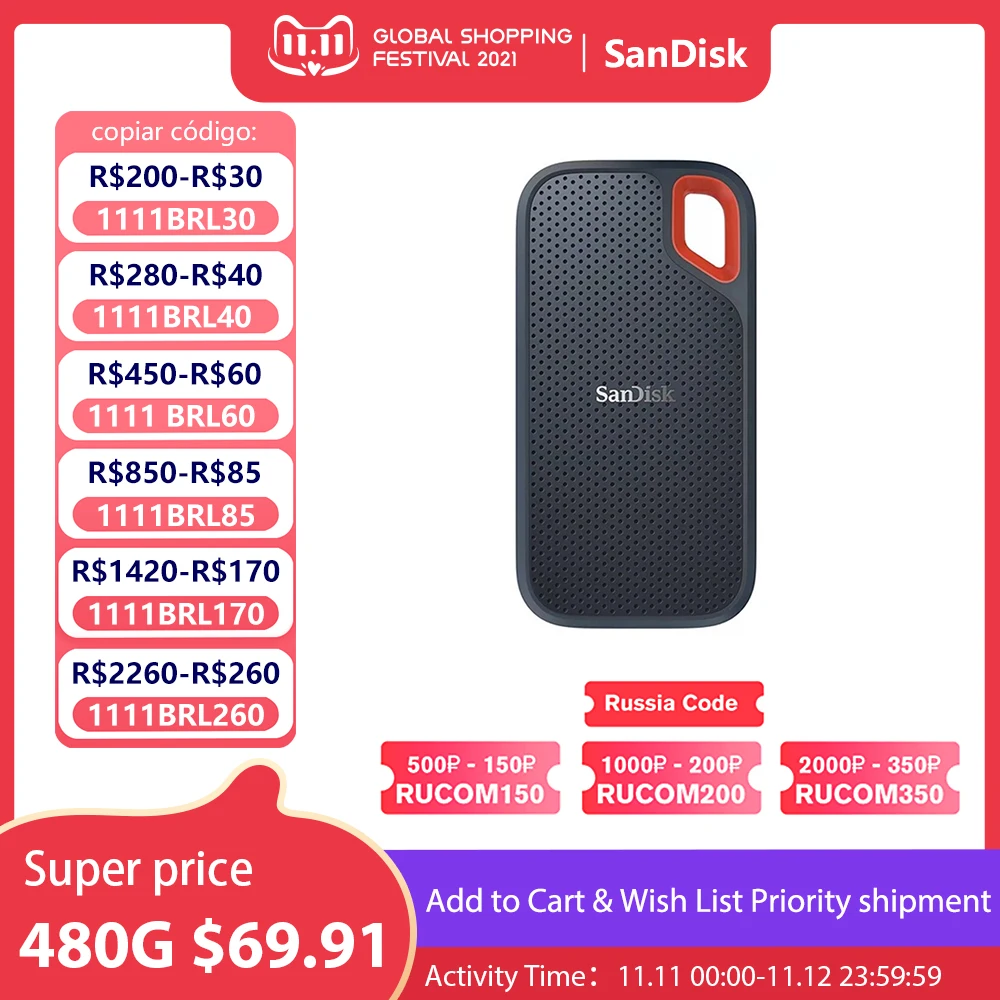 SanDisk SSD USB 3.1 USB-C 1TB 2TB 250GB 500GB External Solid State Disk 500M/S external hard drive for Laptop camera or server