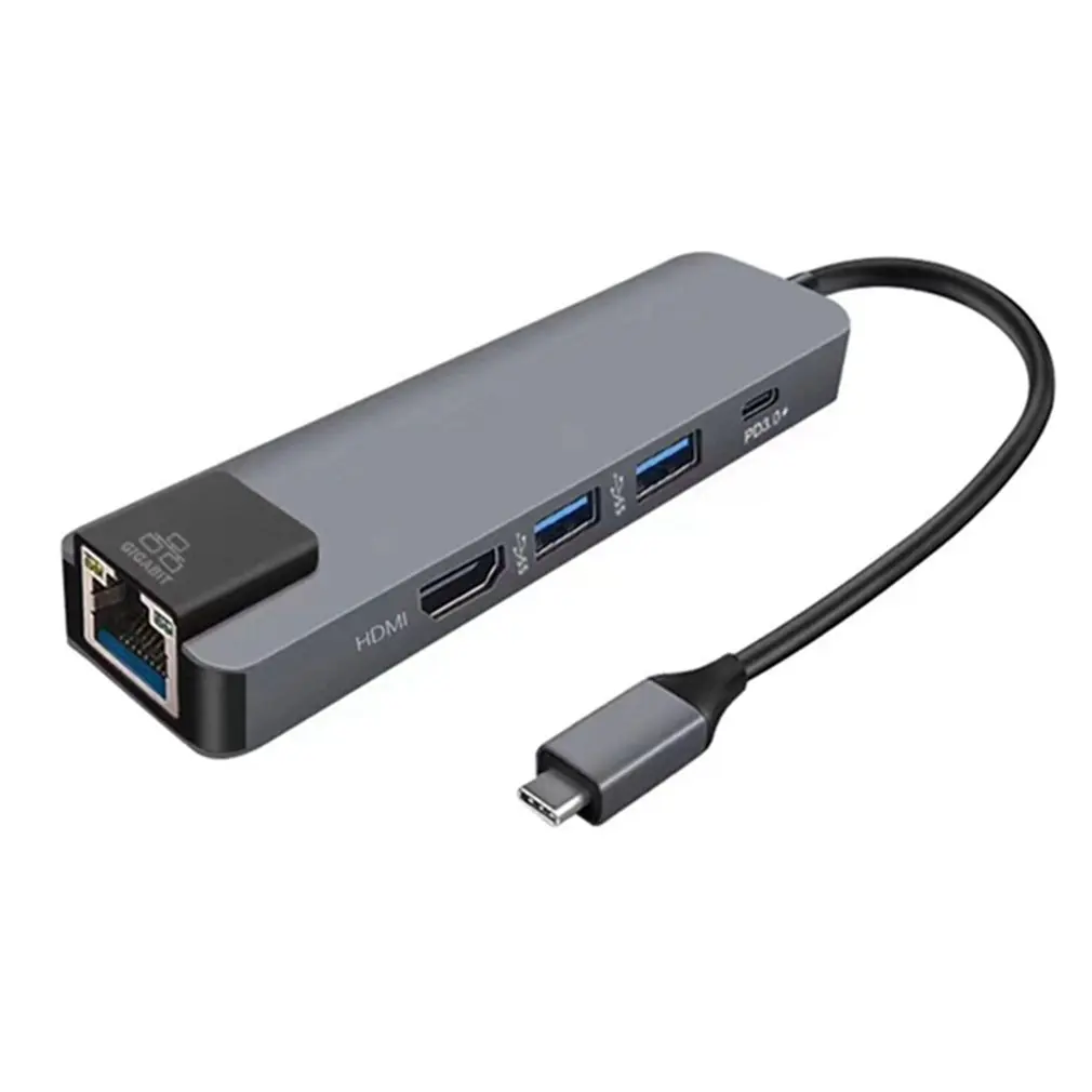 5 в 1 многофункциональный концентратор USB Type C Hdmi 4K USB C концентратор для Gigabit Ethernet Rj45 Lan адаптер 3 USB-C зарядное устройство - Цвет: Серый