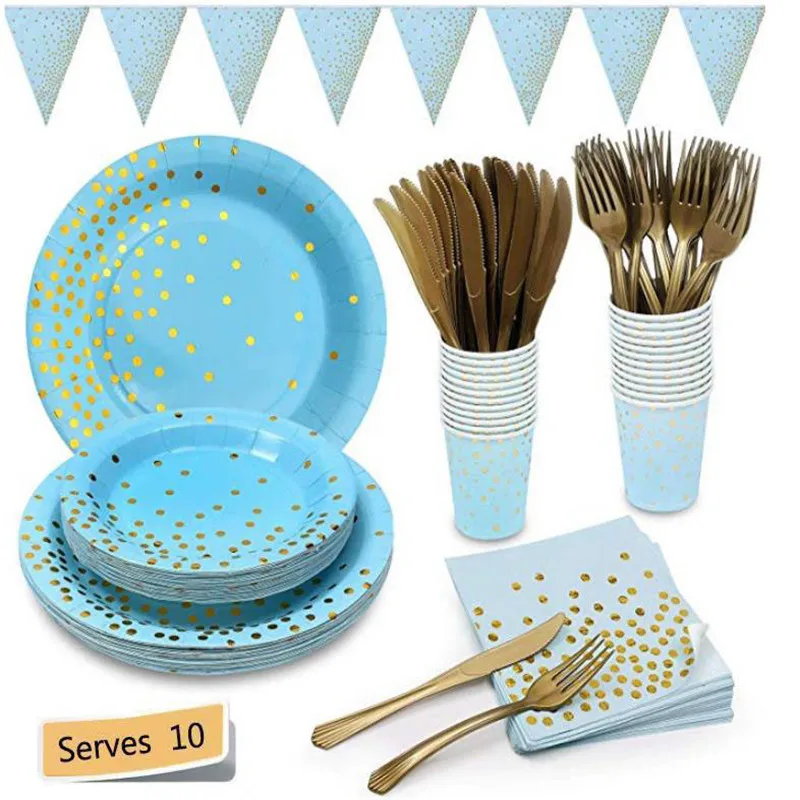 blue 71pcs set Розовое золото день рождения одноразовый набор посуды для вечеринки бумажные чашки бумажные тарелки для дня рождения вечерние украшения Детские вечерние принадлежности - Цвет: blue 71pcs set