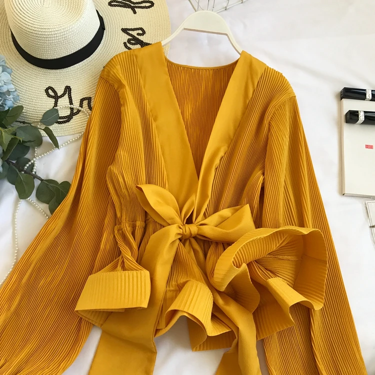Women Elegant Long Sleeve Blouse Shirt Sexy V Neck Pleated Ruffles Blusa Sashes Vintage Women Blouse Spring Fashion Shirt Top Blusas (14)