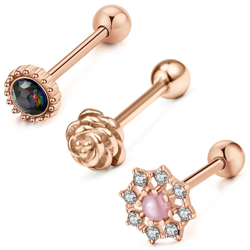 

JFORYOU 3 Pcs Industrial Barbells Tongue Rings 14G Stainless Steel Pearl CZ Rose Tongue Piercing Nipple Rings Body Jewelry Women