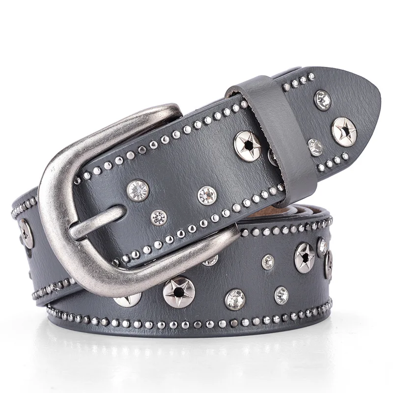 

Woman Belt High Quality Cowhide Wide Belt Fashion Rivet Rhinestone Mosaic Waistband Sweater Trousers Accessories