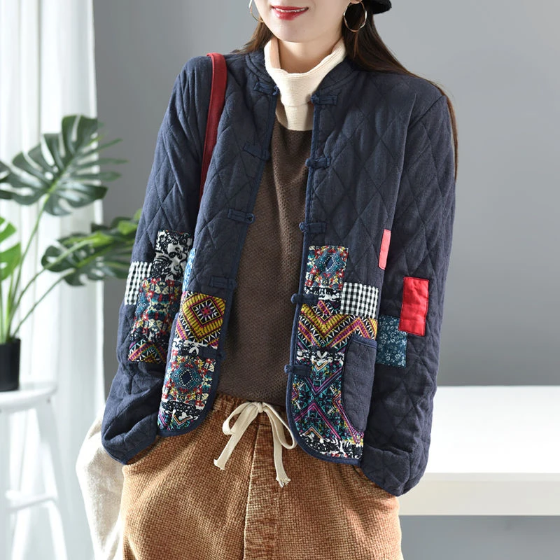 Autumn Winter Arts Style Women Long Sleeve Vintage Short Coat Patchwork Cotton Linen Single Breasted Thicken Jackets S407 | Женская