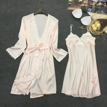 

Foply Faux Silk Robe Gown 2 PSC Set Fashion Women Winter Pajamas Set Autumn Sexy Lace Sling Women Sleepwear Pajamas Nightdress