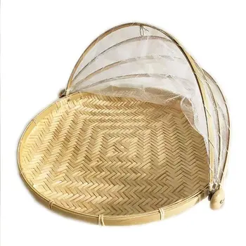 

Handmade bamboo products woven fly basket round dustpan flat dust-proof drying basket with net vegetable cover