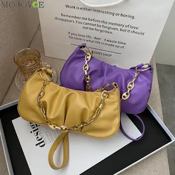 

Popular Simple Female Daily Bag Fashion Pleated Women Shoulder Bags PU Leather Acrylic Chain Crossbody Handbags