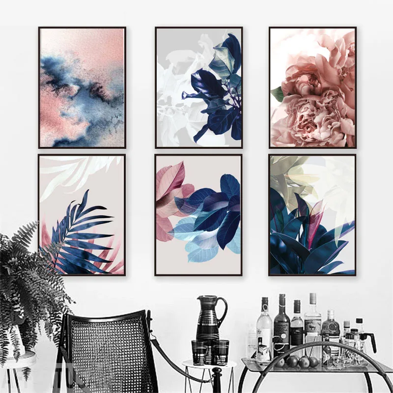 Wall-Art-Canvas-Painting-Pink-Flower-Blue-Tropical-Leaves-Abstract-Nordic-Posters-And-Prints-Wall-Pictures (2)