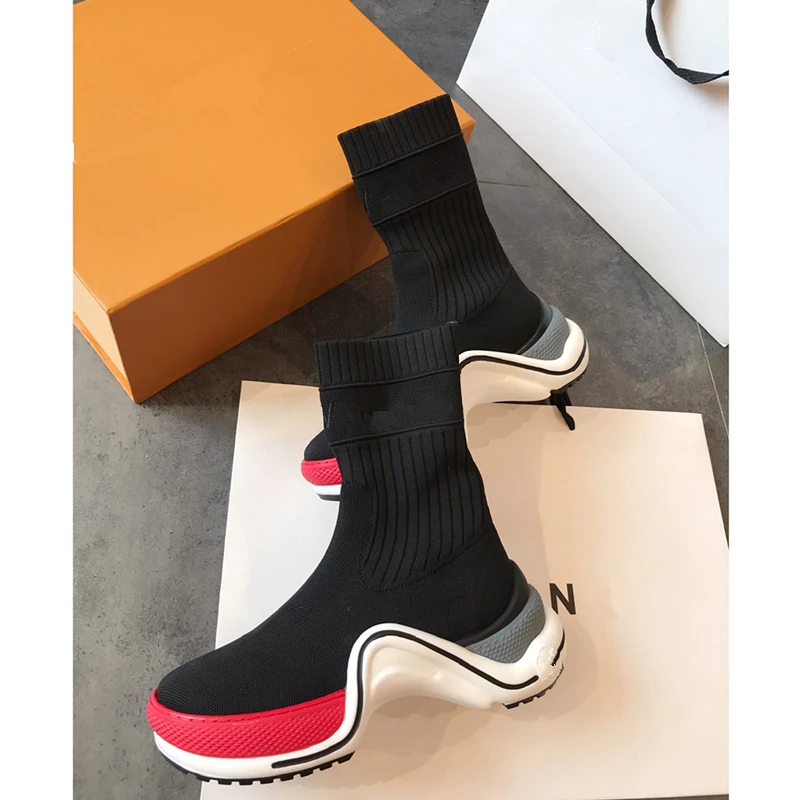 

High-grade fly weave Women's Fabric Shoes Socks Flats Platform Breathable 6 layers combined TPU vacuum outsole women boots