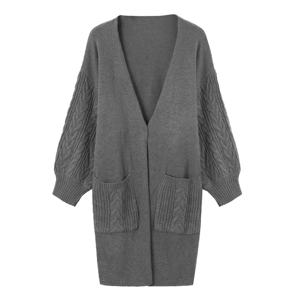 Женская вязанная кофта кардиган пальто длинный рукав однотонный Кардиган Топы Плюс Размер Женская s обертка в виде свитера Вязанное пальто свитер#917