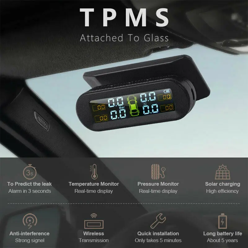 

Auto Solar Wireless TPMS Tire Pressure Monitor System W/ External Sensors Parts