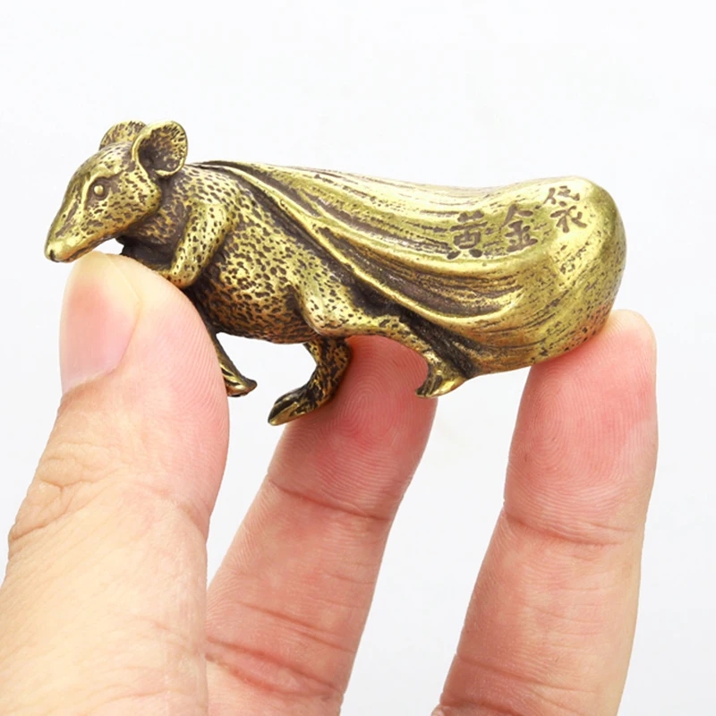  1X Copper Brass Mouse Rat Money Bag Chinese Style Ornament Small Statue Figurine Miniature Home Off