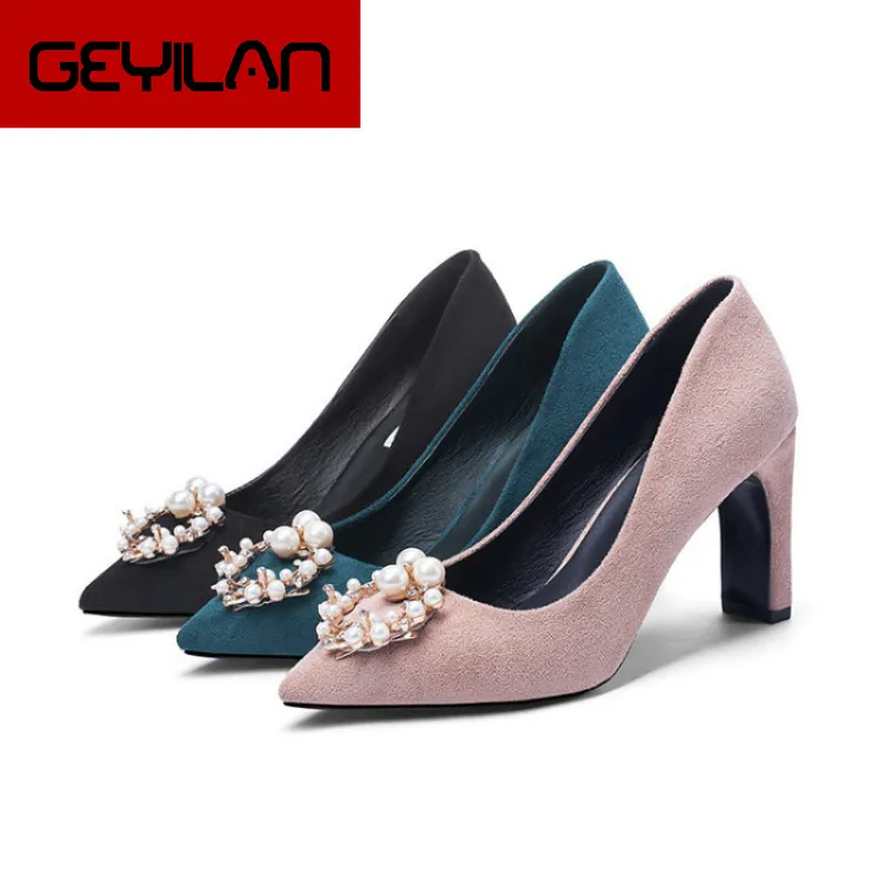 

2020 Spring New Women's High Heels Metal Pearl Buckle Suede High Heels Shallow Mouth Pointed Thick with Women's Shoes T02