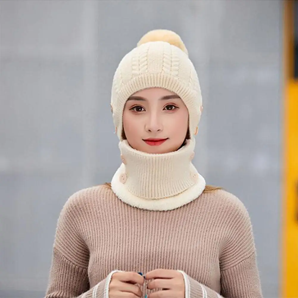 MISSKY Lady Warm One-piece Women Hat-Mask-Scarf Winter Thicken Knitting Wool Ball Riding Outdoor Beanies For Female