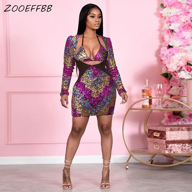 ZOOEFFBB Sexy Sequins Hollow Mini Dress 