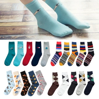 

5Pair/Lot Fashion Harajuku Men Socks Striped Plaid Men Cotton Socks Autumn Winter Business Casual Funny Cartoon Pattern Socks