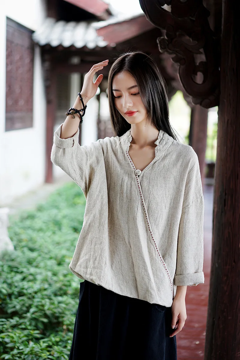 OriGoods женская льняная блузка в китайском стиле льняная рубашка блузка с длинным рукавом и v-образным вырезом однотонная белая блузка Оригинальная Новинка рубашка C263