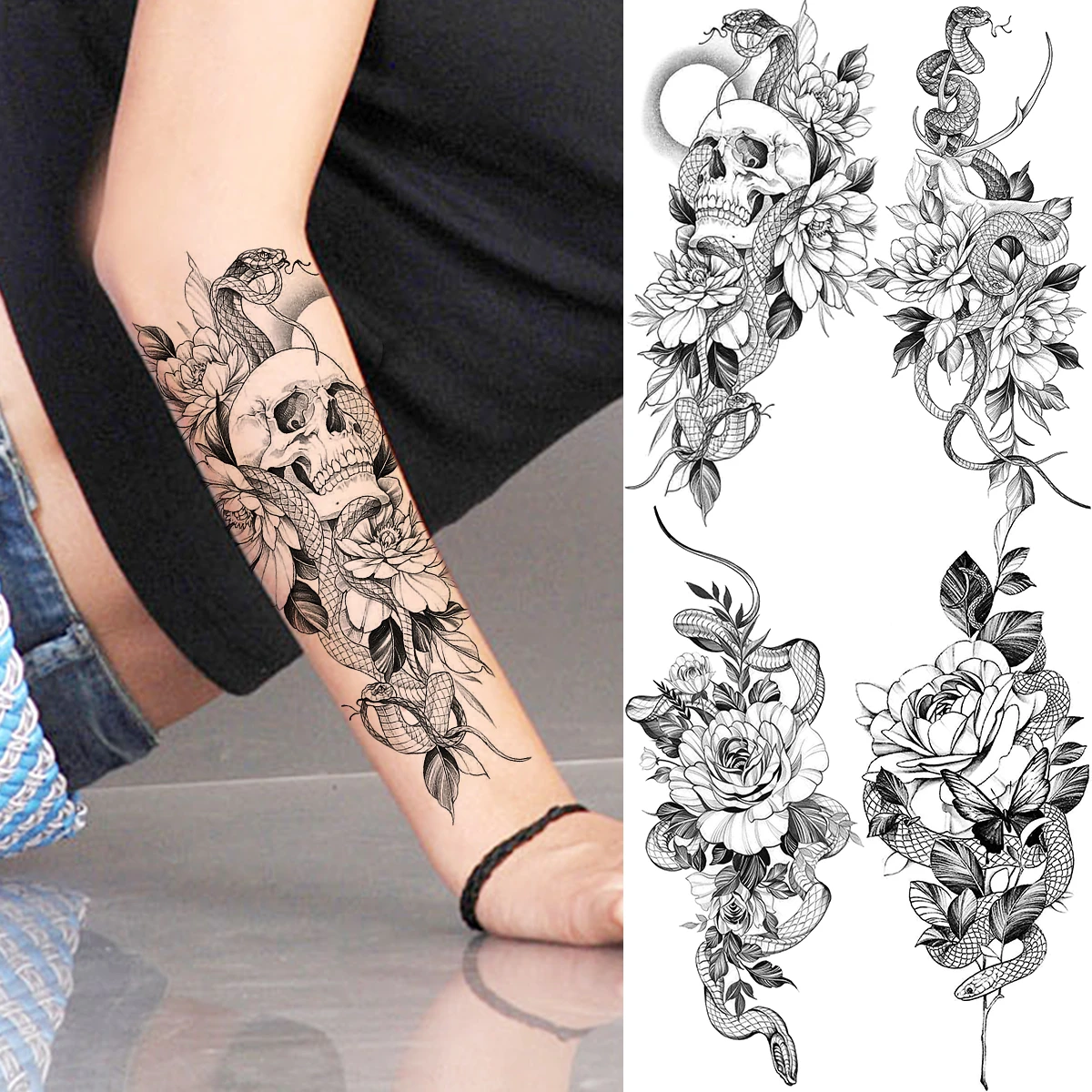 Black Peony Flower Snake Skull Forearm Temporary Tattoos For Women Adult Rose Serpent Fake Tattoo Arm Sleeve Thigh Tatoo Sticker Temporary Tattoos Aliexpress