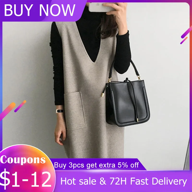 Женское Короткое платье-жилет без рукавов осенне-зимние свободные повседневные