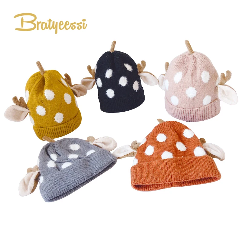 Christmas Baby Winter Hat Knitted Thick Warm Beanie Hats for Boys And Girls Cartoon Dot Antler Cap Kids | Детская одежда и обувь