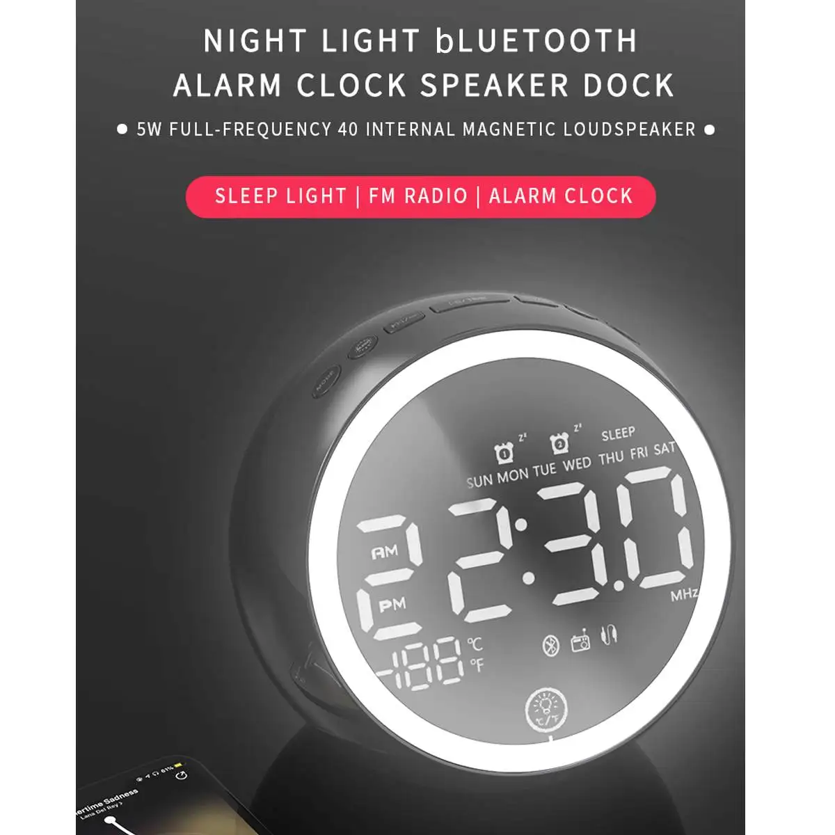 ЕС Plug Цифровой Будильник Bluetooth радио динамик белый цифровой дисплей FM радио с окружающим светом USB порт для зарядки телефона
