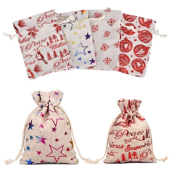 

10pcs Printing Elk Burlap Bag Christmas Gift Jewelry Bag Wedding Party Decoration Drawer Bag Sachet Bag 13x18cm