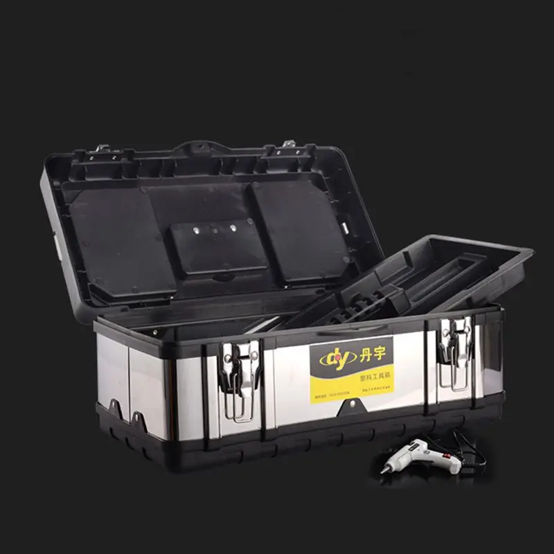 Multifunctional Double Layer Stainless Steel Tool Box Plastic Portable Organizer with Lid Handle Hardware