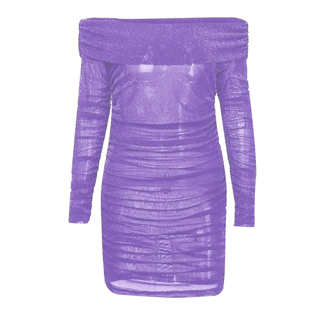 Зимнее женское платье Feitong, Vestidos, длинный рукав, сплошной цвет, с вырезом лодочкой, сексуальное, со складками, на бедрах, официальное, повседневное, мини платье, платье женское