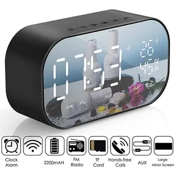 

Alarm Clock FM Radio Mini Portable Wireless Speaker Mirror LED Dimmable Display Car Subwoofer Stereo Speaker