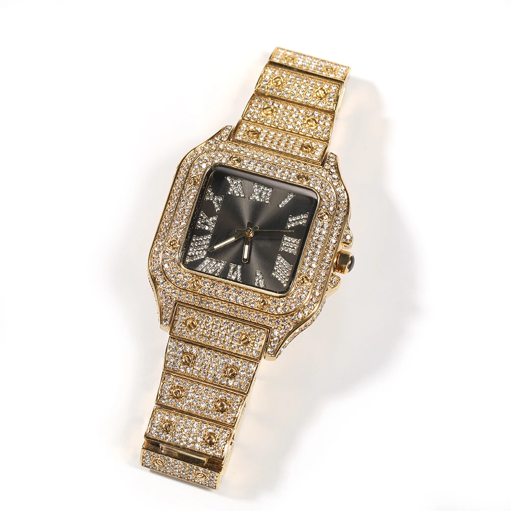 TBTK Square Watch Iced Out Diamond Sunburst Dial Waterproof Quartz Luxury Brand Mens Wrist Watches Relogio Masculino