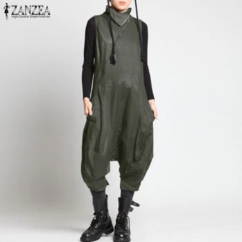

Fashion Summer Sleeveless Jumpsuits ZANZEA Women Trutleneck Zipper Up Solid Overalls Rompers Vintage Drop Crotch Harem Pants