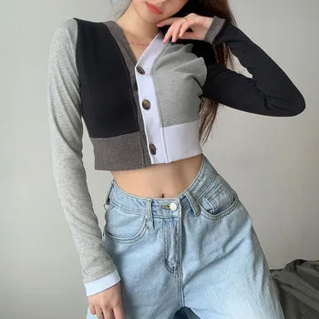 

CHRONSTYLE Women's T-shirts Rib Knitted Crop Tops Sexy V Neck Long Sleeve Color Block Patchwork Buttons Down Tee Shirt Outwear