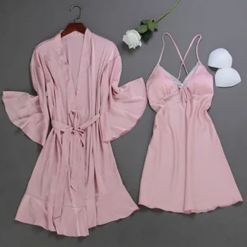 

2PCS Nighty&Robe Suit Women Satin Ruffles Bride Bridesmaid Wedding Robe Lace Patchwork Home Clothes Intimate Lingerie Nightwear