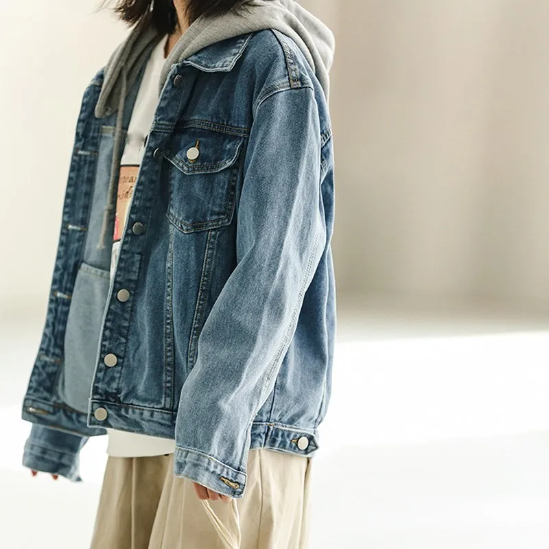 

Spring Fall Women Casual Denim Jacket Front Pockets Boyfriend Female Jean Jacket Solid Long Sleeve Hooded Loose Coat