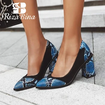 

RIZABINA Size 32-47 Thick High Heel Women Pumps Fashion Pointed Toe Serpentine Shoes Women Patchwork Catwalk Show Footwear