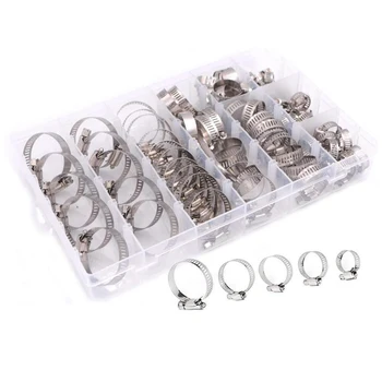 

80/90/100 Pcs Single Ear Stepless Hose Clamps Assortment Kit Stainless Steel Cinches Ring Tools TN99