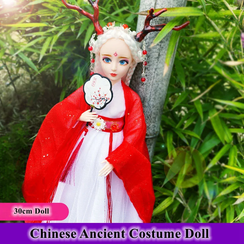 1/6 Scale 30cm Ancient Costume Hanfu Dress Long Hair Fairy Elf Antlers Princess Barbi Doll Joints Body Model Toy Gift For Girl kids 1 18 scale 2018 bburago 450 sx f sxf factory racing no 84 jeffrey herlings mxgp motocross bike diecast motorcycle toy model