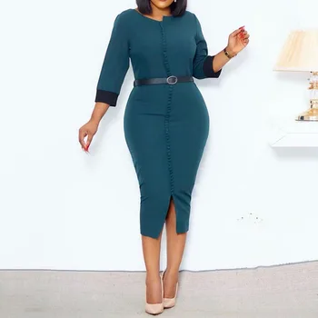 

Women's Cocktail Dresses 2020 African Ladies Stretchy Sexy Split Workwear O-Neck Three-Quarter Sleeves Autumn Party Dress