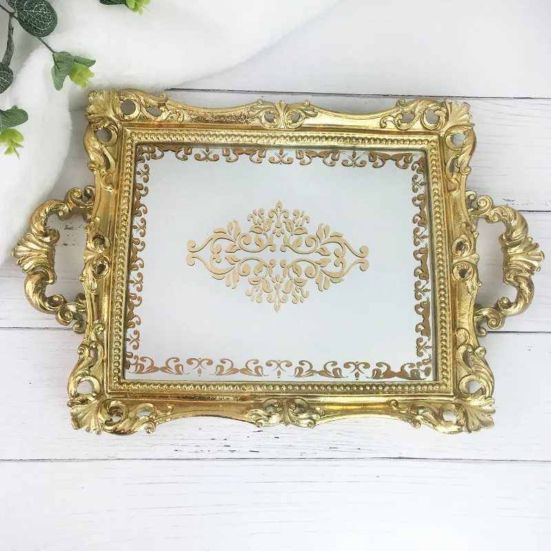 

Retro European Style Rectangular Gold-Tone Resin Mirror Tray Fruit Bowl Cosmetics Jewelry Storage Pastry Creative Tabletop