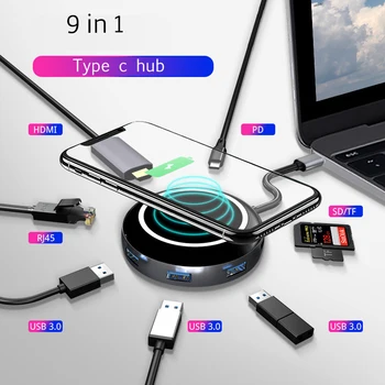

Type C Hub 9 In 1 USB Docking Station with HDMI USB 3.0x3 HDMI Rj45 Sd Tf Card Slot with Wireless Phone Charger for MacBook