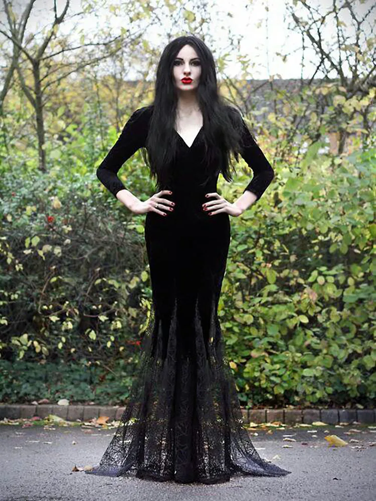 Black Для взрослых женщин Готический Хэллоуин Morticia Addams призрак ведьмы костюм ужас черный пол кружевное платье халат одежда для женщин - Цвет: Black