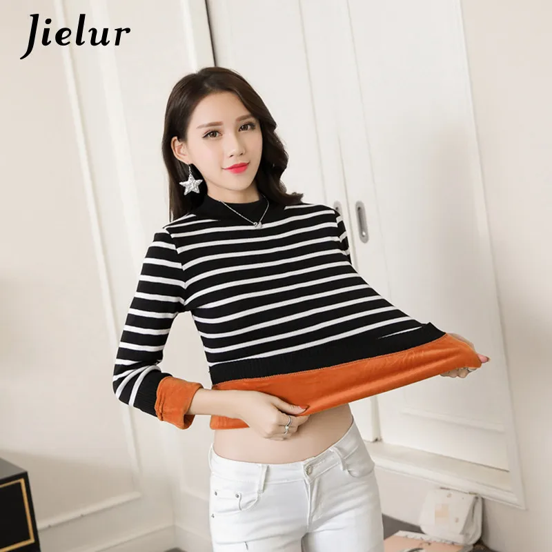 Jielur Stripe Knitted Women Thermal Tops Turtleneck Velvet Thick Warm Pajamas 2019 New Winter Slim Soft Femme |