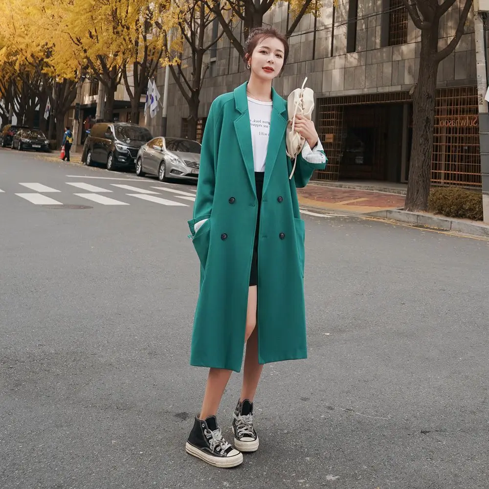 

Photo Shoot CHIC Young-Style over-the-Knee Long Suit Jacket 2020 Spring New Style WOMEN'S Dress Retro Suit Collar Trench Coat