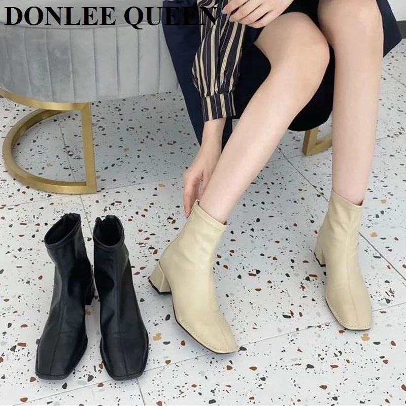 

Ankle Boots Women Square Toe Mid Thick Heels Shoes Women Soft Elastic Chelsea Boots Fashion Brand Booties Autumn Winter Footwear
