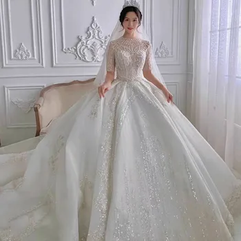 شراءفاخر العربية الكرة ثوب الزفاف كم زينة مطرزة كبيرة الحبيب زر العودة قطار طويل الزفاف زي العرائس